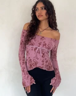 Motel Rocks Long Sleeve Tops | Going Out Tops-Kareena Long Sleeve Bardot Top in Abstract Botanic Mauve AbstractBotanicMauve