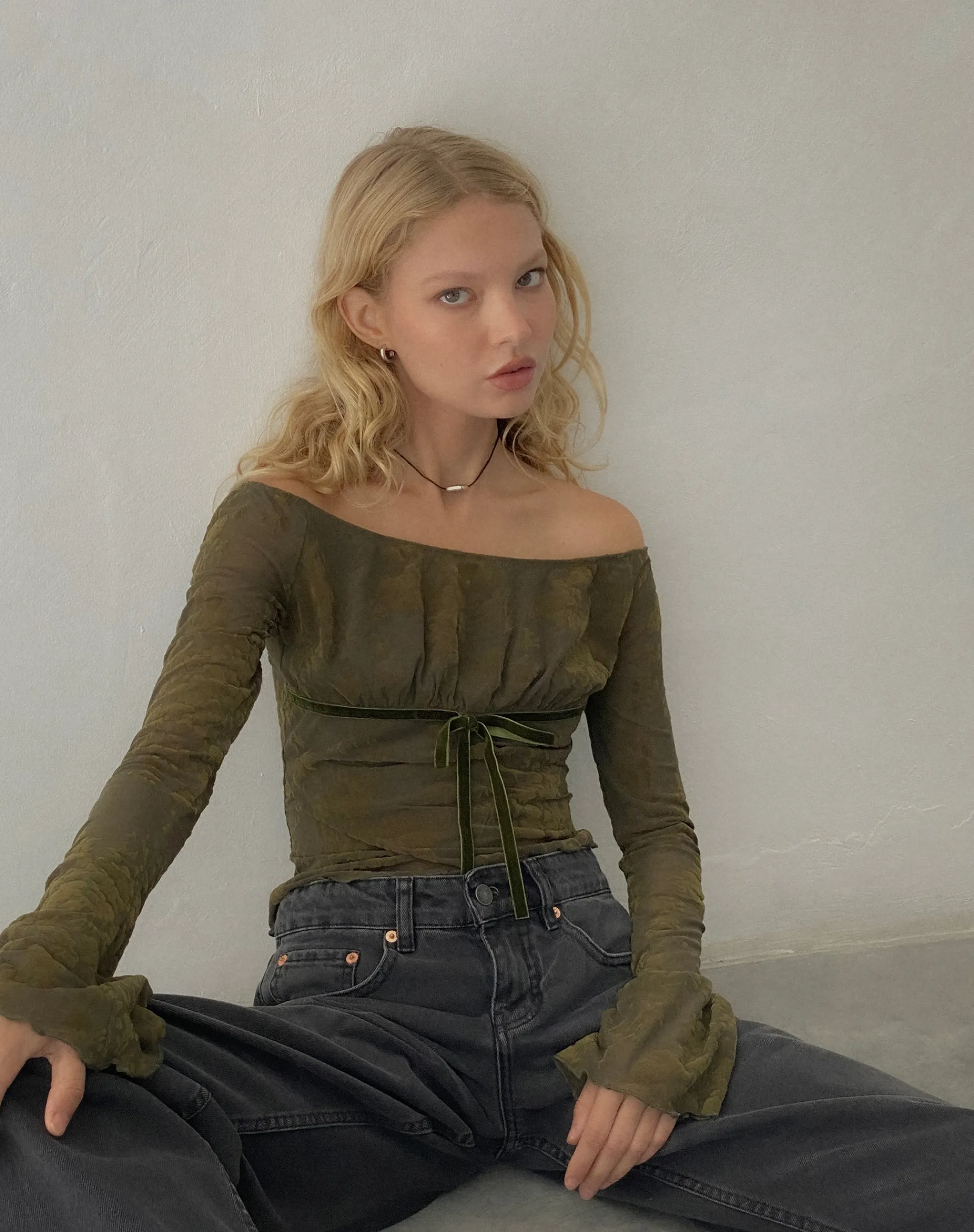 Motel Rocks Long Sleeve Tops | Going Out Tops-Kareena Long Sleeve Bardot Top in Abstract Botanic Dark Olive darkoliveabstrbotanic