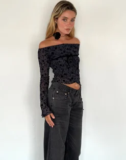 Motel Rocks Long Sleeve Tops | Going Out Tops-Kareena Long Sleeve Bardot Top in Pretty Petal Flock Navy PrettyPetalFlockNavy