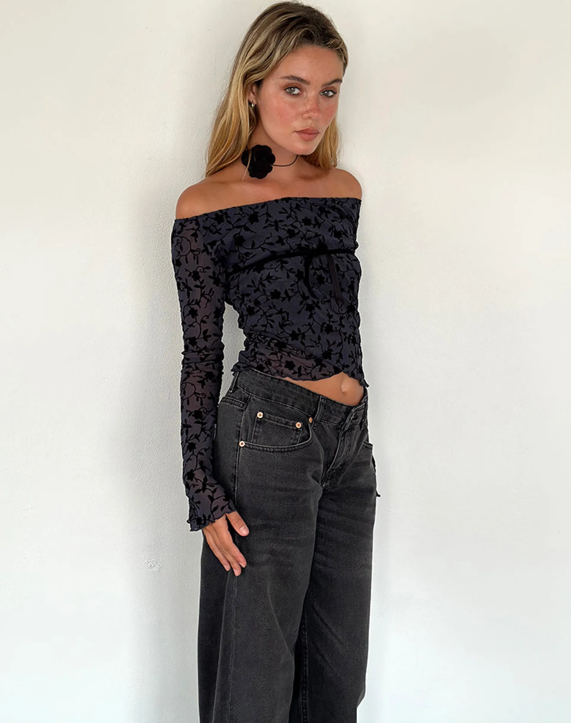 Motel Rocks Long Sleeve Tops | Going Out Tops-Kareena Long Sleeve Bardot Top in Pretty Petal Flock Navy PrettyPetalFlockNavy