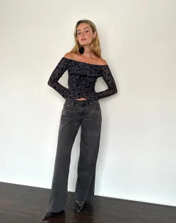 Motel Rocks Long Sleeve Tops | Going Out Tops-Kareena Long Sleeve Bardot Top in Pretty Petal Flock Navy PrettyPetalFlockNavy