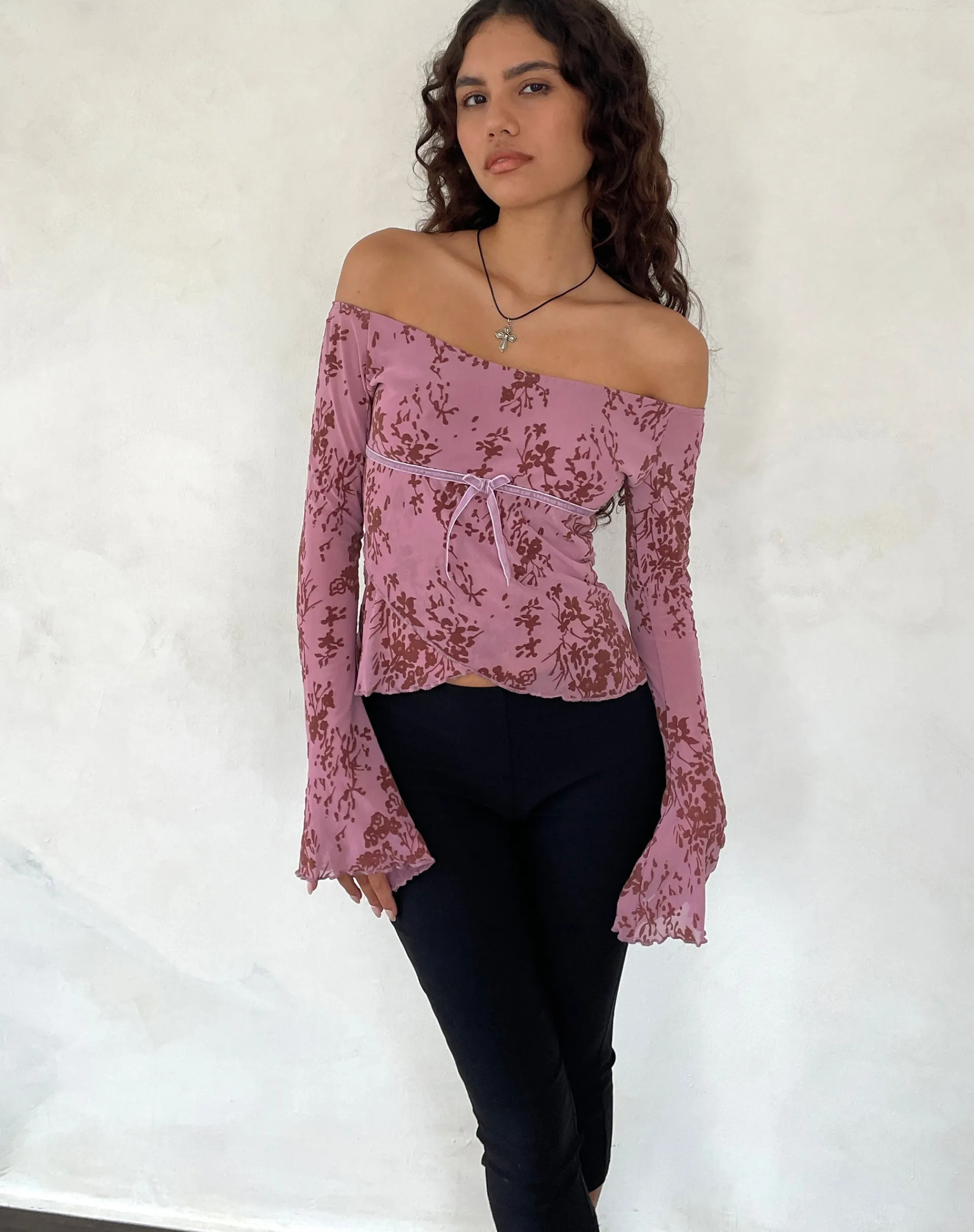 Motel Rocks Long Sleeve Tops | Going Out Tops-Kareena Long Sleeve Bardot Top in Abstract Botanic Mauve AbstractBotanicMauve