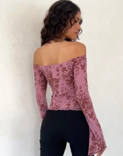 Motel Rocks Long Sleeve Tops | Going Out Tops-Kareena Long Sleeve Bardot Top in Abstract Botanic Mauve AbstractBotanicMauve