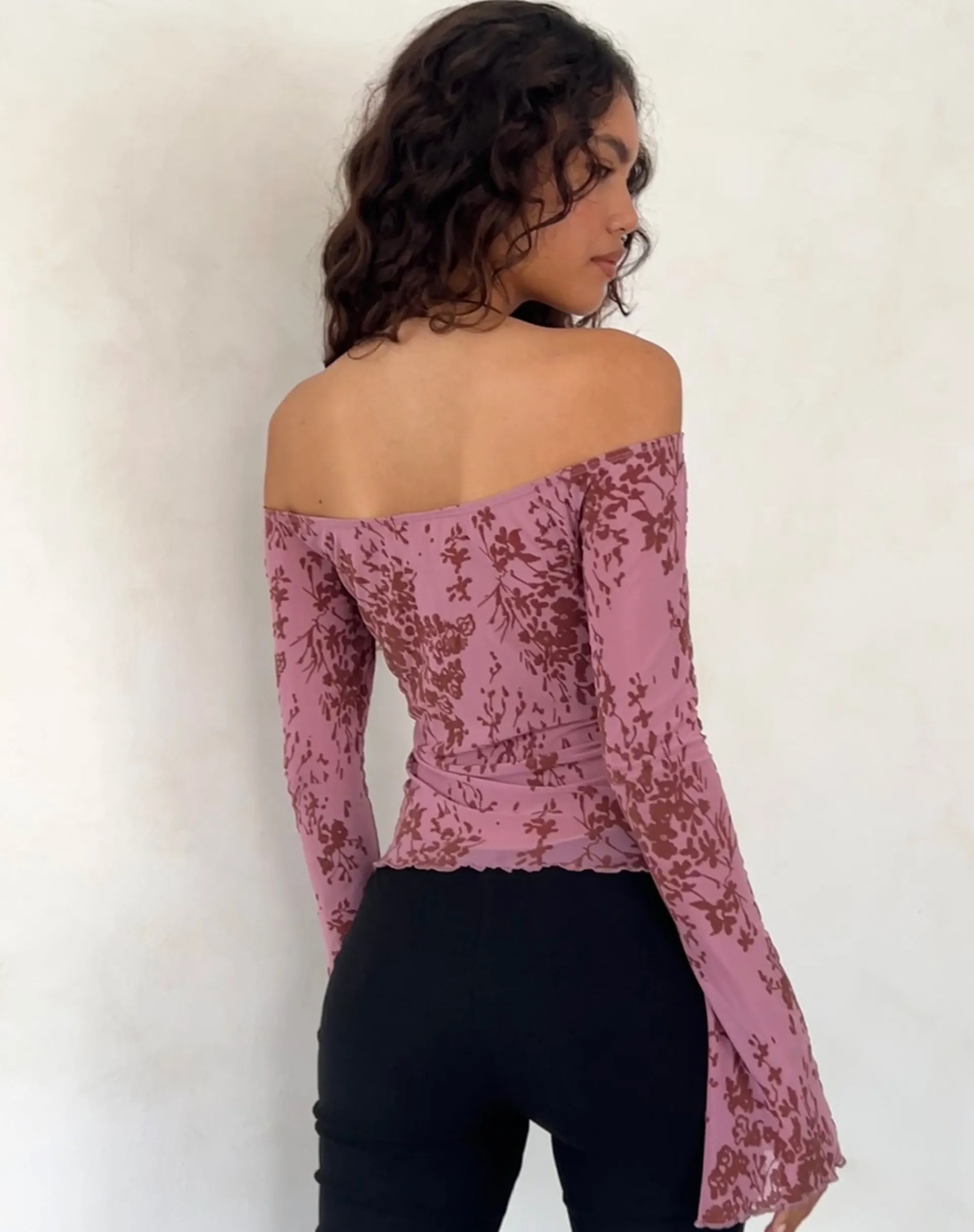 Motel Rocks Long Sleeve Tops | Going Out Tops-Kareena Long Sleeve Bardot Top in Abstract Botanic Mauve AbstractBotanicMauve