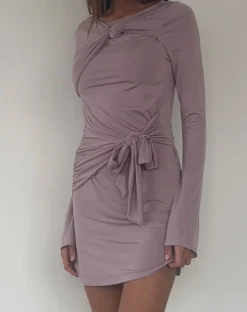 Motel Rocks Long Sleeve Dresses | Mini Dresses-Kari Knot Mini Dress in Slinky Mauve