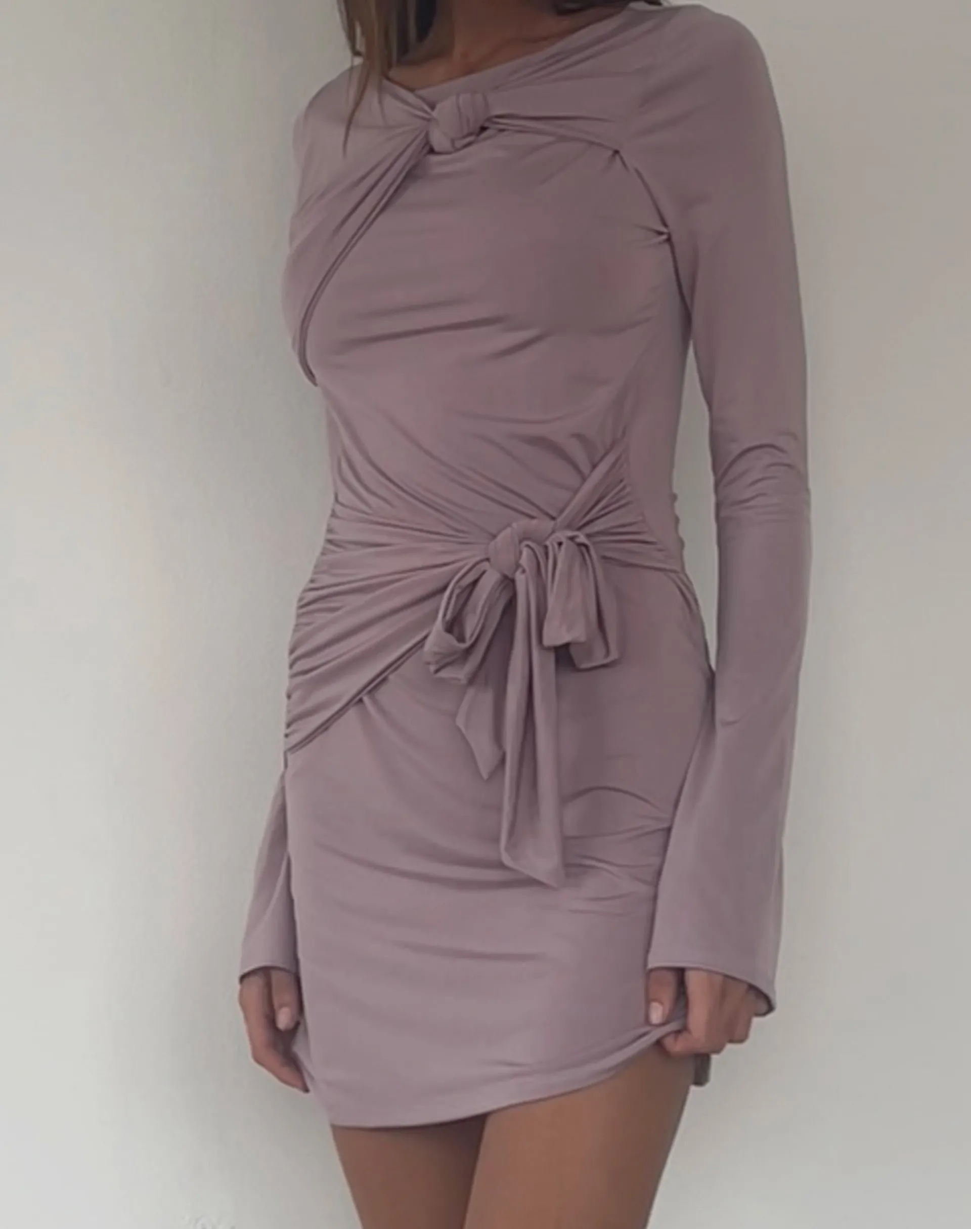 Motel Rocks Long Sleeve Dresses | Mini Dresses-Kari Knot Mini Dress in Slinky Mauve