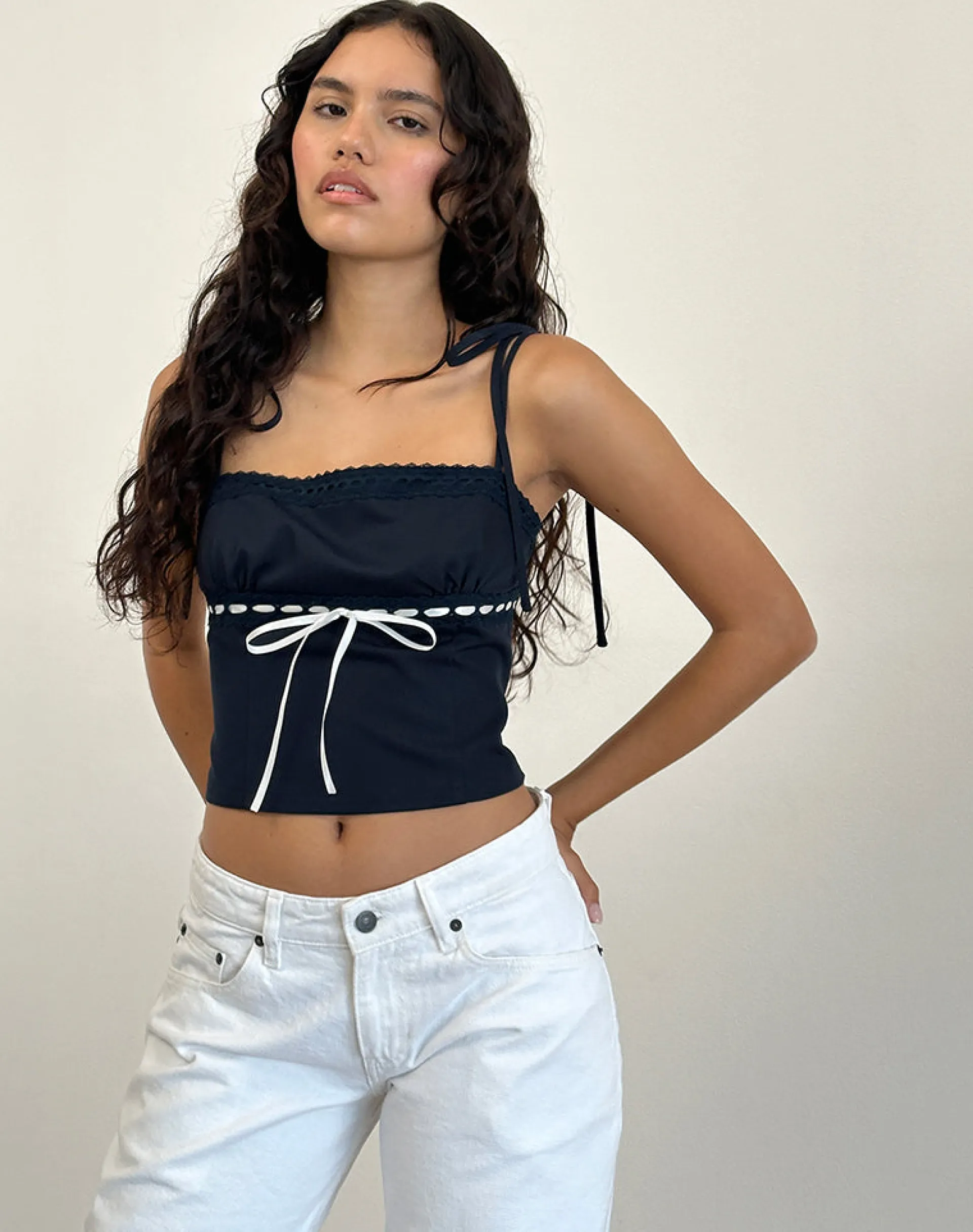 Motel Rocks Tailoring | Co-Ords-Karisa Cami Top in Navy with White Binding
