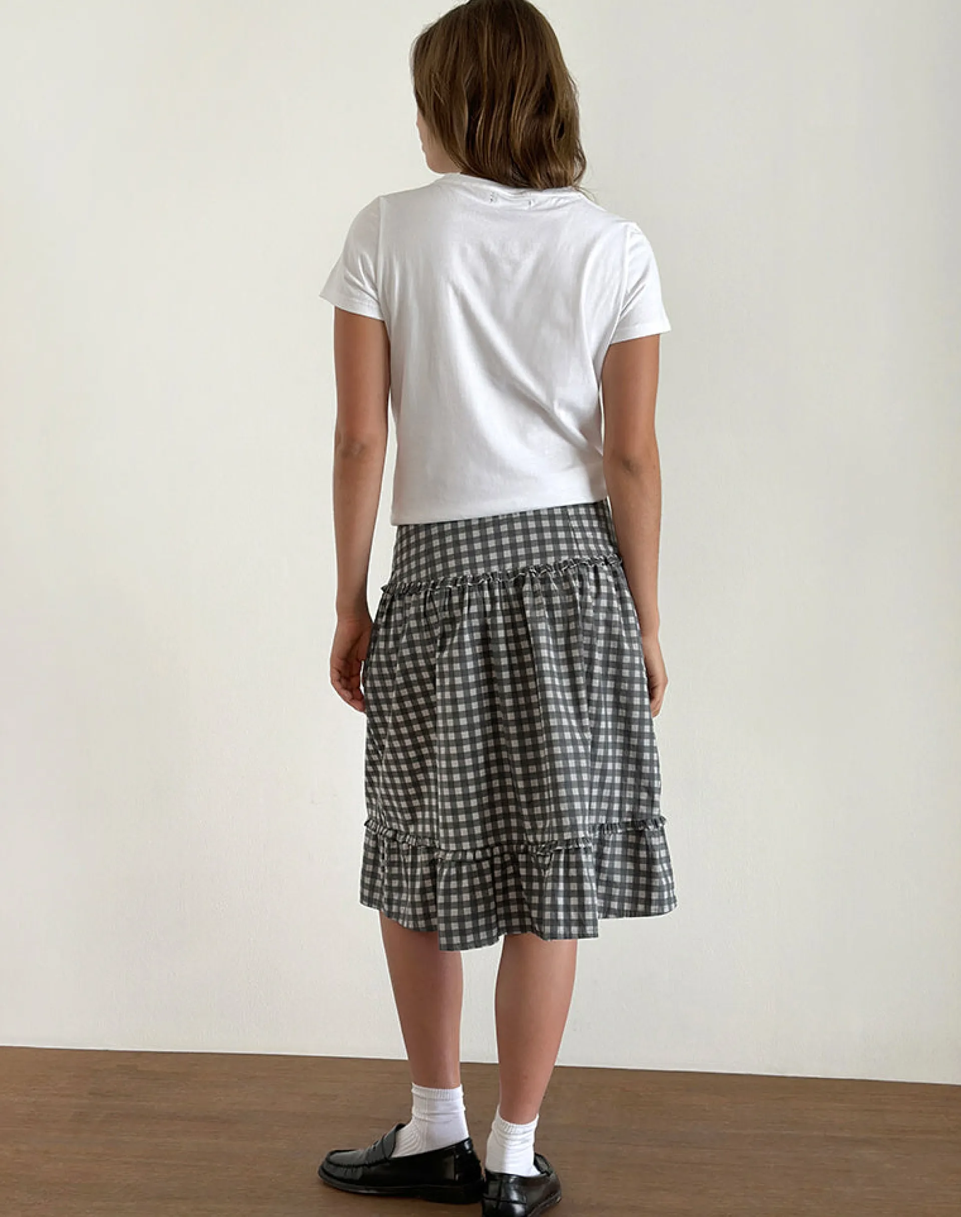Motel Rocks Tailoring | Printed Skirts-Kasya Midi Skirt in Tonal Gingham Black and Grey TonalGinghamBlackandGrey