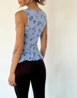 Motel Rocks Basic Tops | Vest Tops-Katnis Top in Inky Blue Floral Mesh