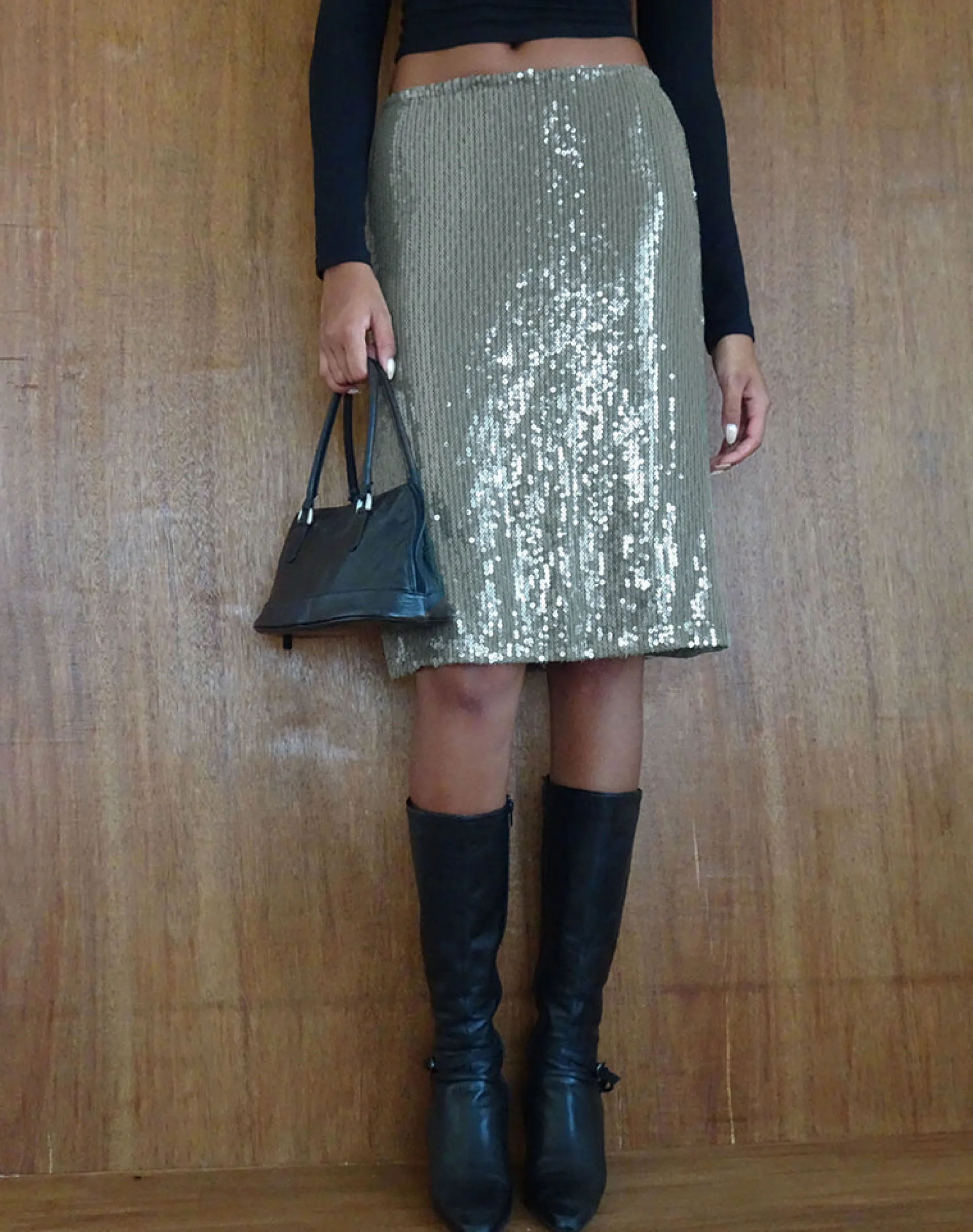 Motel Rocks A Line Skirts-Kavi Midi Skirt in Khaki Green Clear Sequin