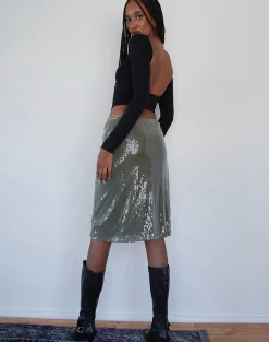 Motel Rocks A Line Skirts-Kavi Midi Skirt in Khaki Green Clear Sequin