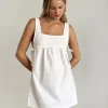 Motel Rocks Day Dresses | Mini Dresses-Kawase Tie Side Mini Dress in Linen White