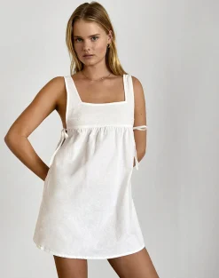 Motel Rocks Day Dresses | Mini Dresses-Kawase Tie Side Mini Dress in Linen White