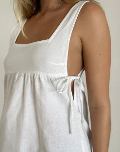 Motel Rocks Day Dresses | Mini Dresses-Kawase Tie Side Mini Dress in Linen White
