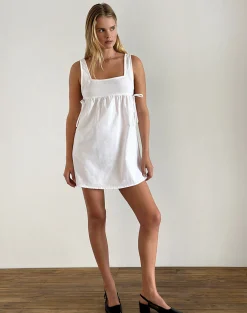 Motel Rocks Day Dresses | Mini Dresses-Kawase Tie Side Mini Dress in Linen White