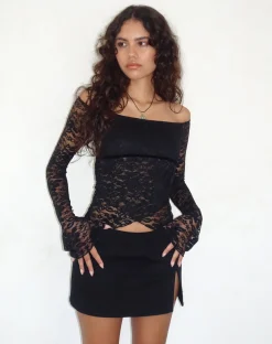 Motel Rocks Printed Tops | Long Sleeve Tops-Kawila Bardot Top in Floral Lace Jet Black