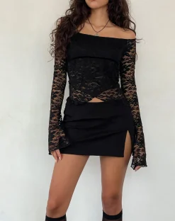 Motel Rocks Printed Tops | Long Sleeve Tops-Kawila Bardot Top in Floral Lace Jet Black