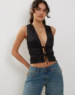 Motel Rocks Going Out Tops-Kayson Crop Top in Satin Black SatinBlack