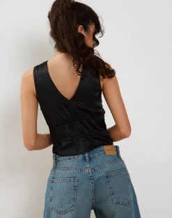 Motel Rocks Going Out Tops-Kayson Crop Top in Satin Black SatinBlack