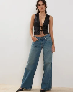 Motel Rocks Going Out Tops-Kayson Crop Top in Satin Black SatinBlack