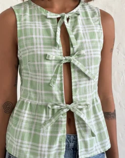 Motel Rocks Printed Tops | Strappy Tops-Kayvata Tie Front Top in Table Cloth Neo Mint TableClothNeoMint