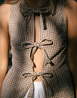 Motel Rocks Vest Tops | Printed Tops-Kayvata Top in Mini Gingham Brown MiniGinghamBrown