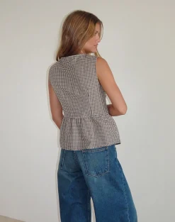 Motel Rocks Vest Tops | Printed Tops-Kayvata Top in Mini Gingham Brown MiniGinghamBrown