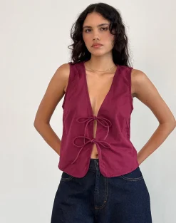 Motel Rocks Vest Tops-Kayve Tie Front Top in Burgundy