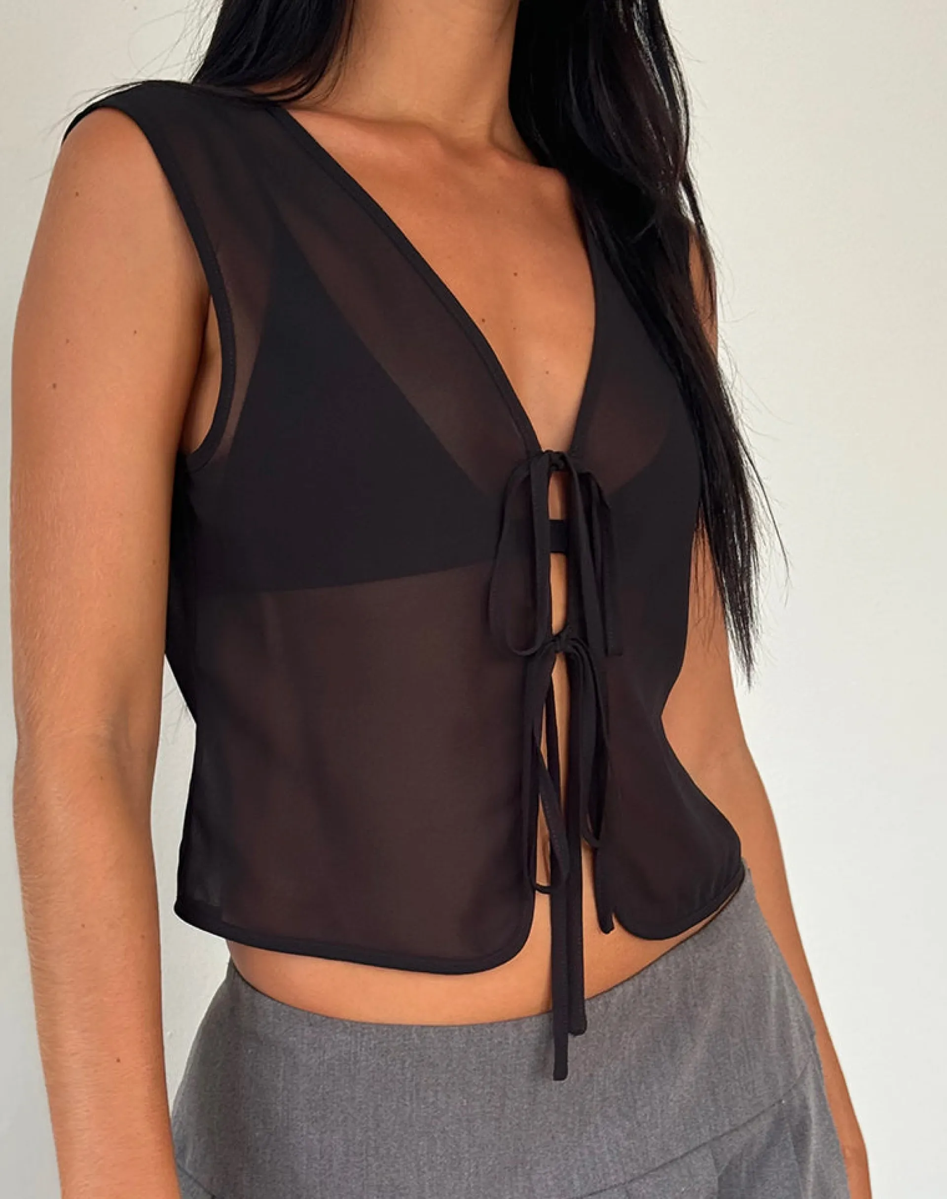 Motel Rocks Going Out Tops-Kayve Tie Front Top in Chiffon Black ChiffonBlack