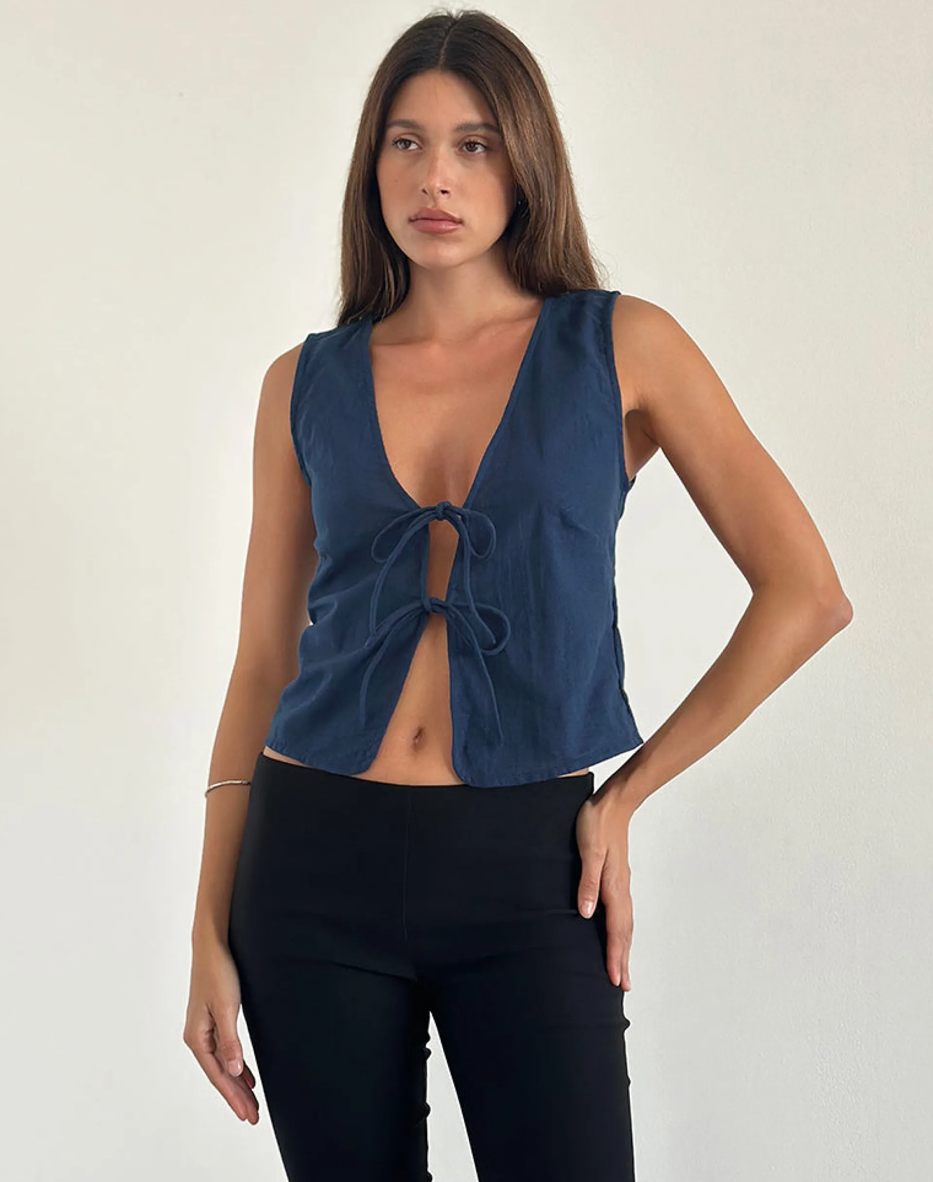Motel Rocks Going Out Tops-Kayve Tie Front Top in navy