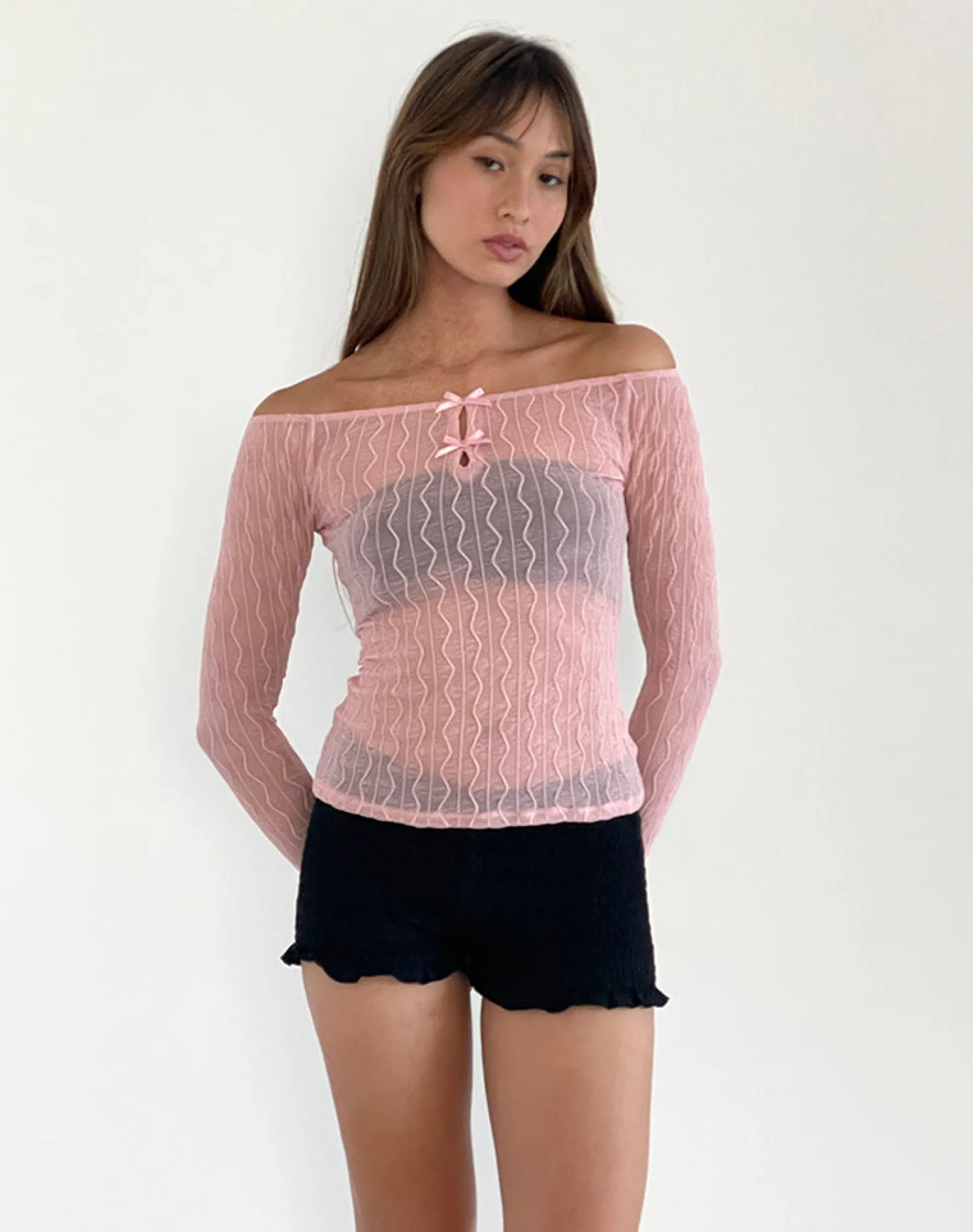Motel Rocks Printed Tops | Long Sleeve Tops-Kazi Bardot Top in Crinkle Pink crinklepink