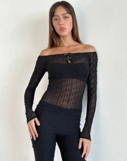 Motel Rocks Going Out Tops-Kazi Bardot Top in Crinkle Black CrinkleBlack