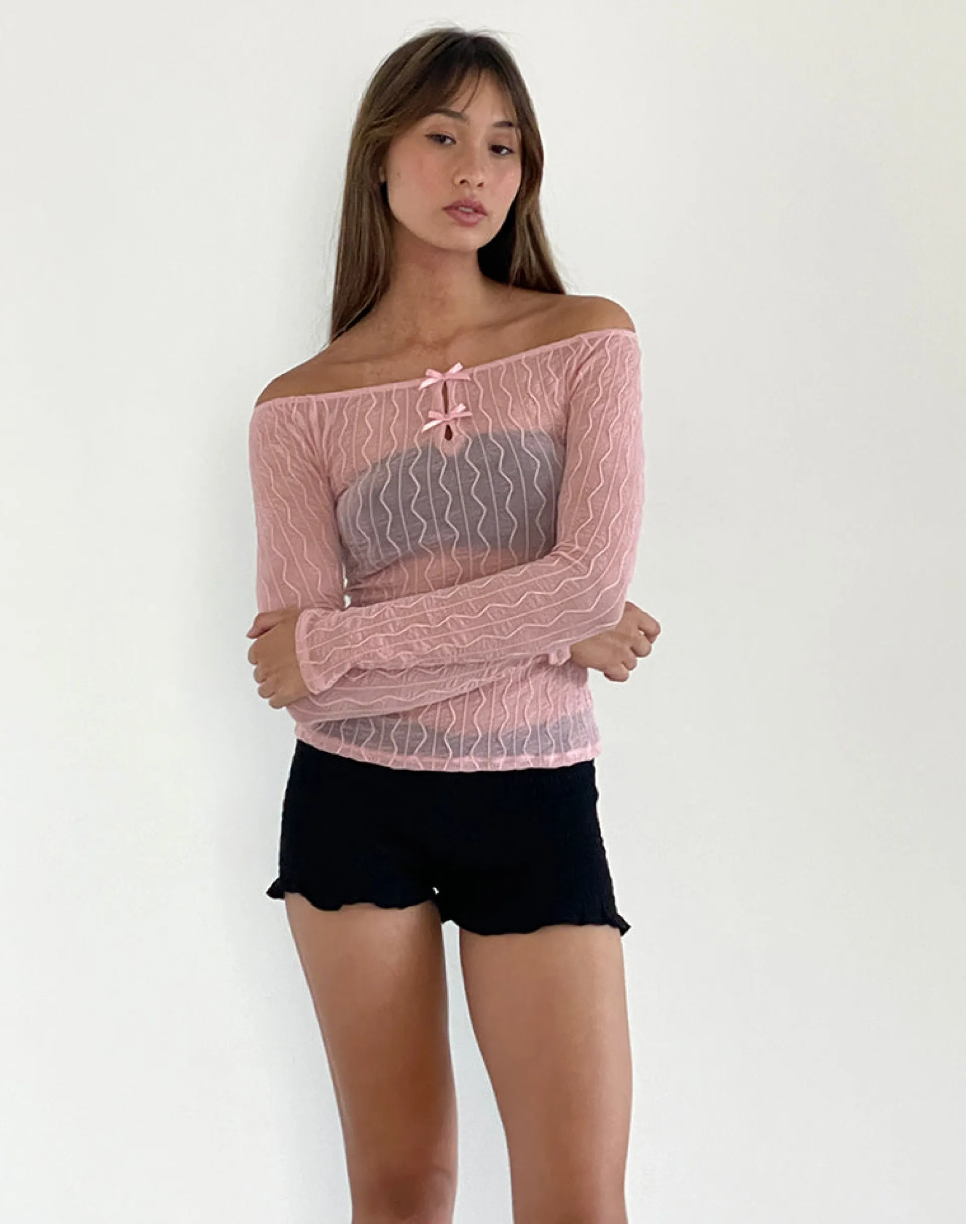 Motel Rocks Printed Tops | Long Sleeve Tops-Kazi Bardot Top in Crinkle Pink crinklepink