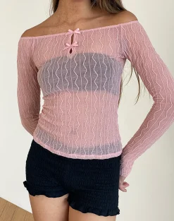 Motel Rocks Printed Tops | Long Sleeve Tops-Kazi Bardot Top in Crinkle Pink crinklepink