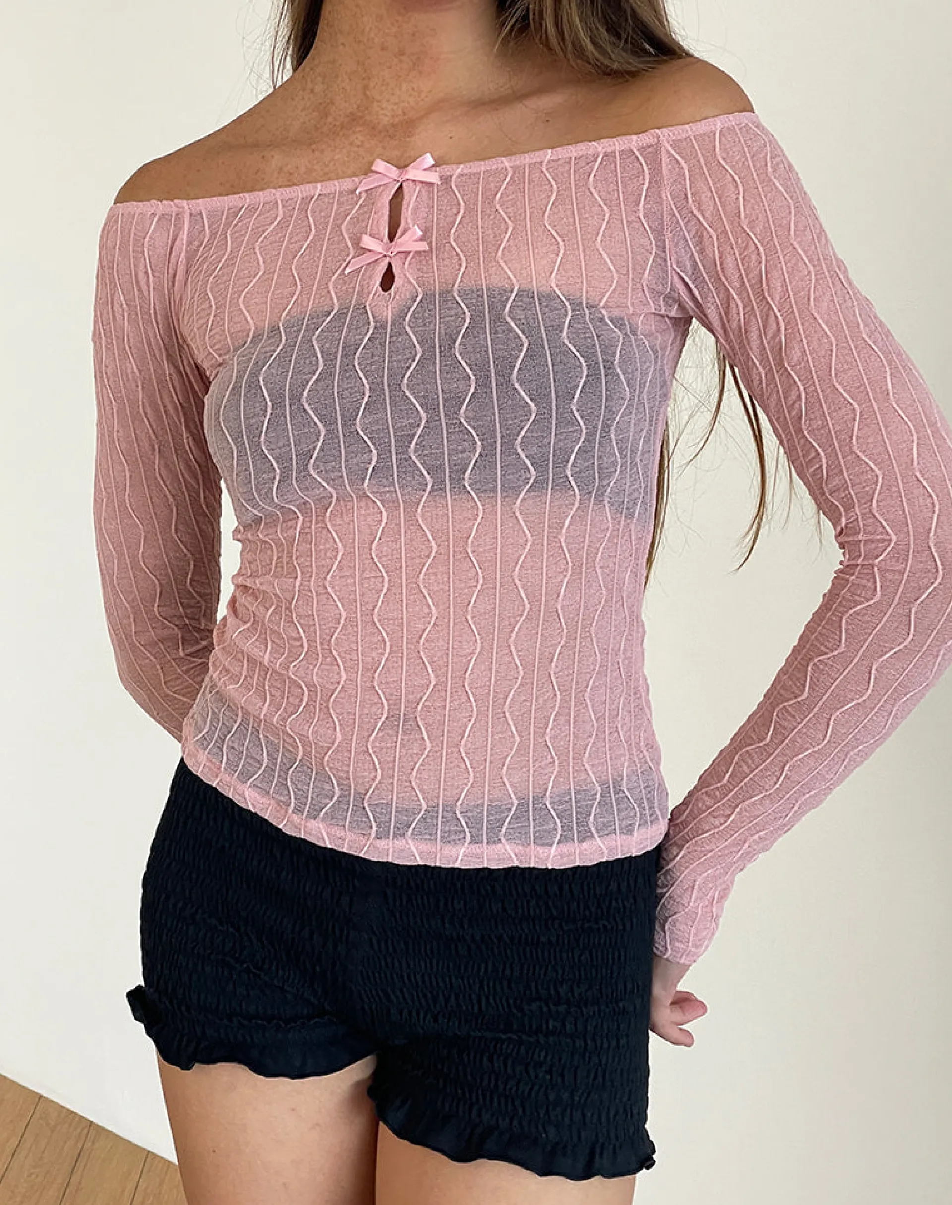 Motel Rocks Printed Tops | Long Sleeve Tops-Kazi Bardot Top in Crinkle Pink crinklepink