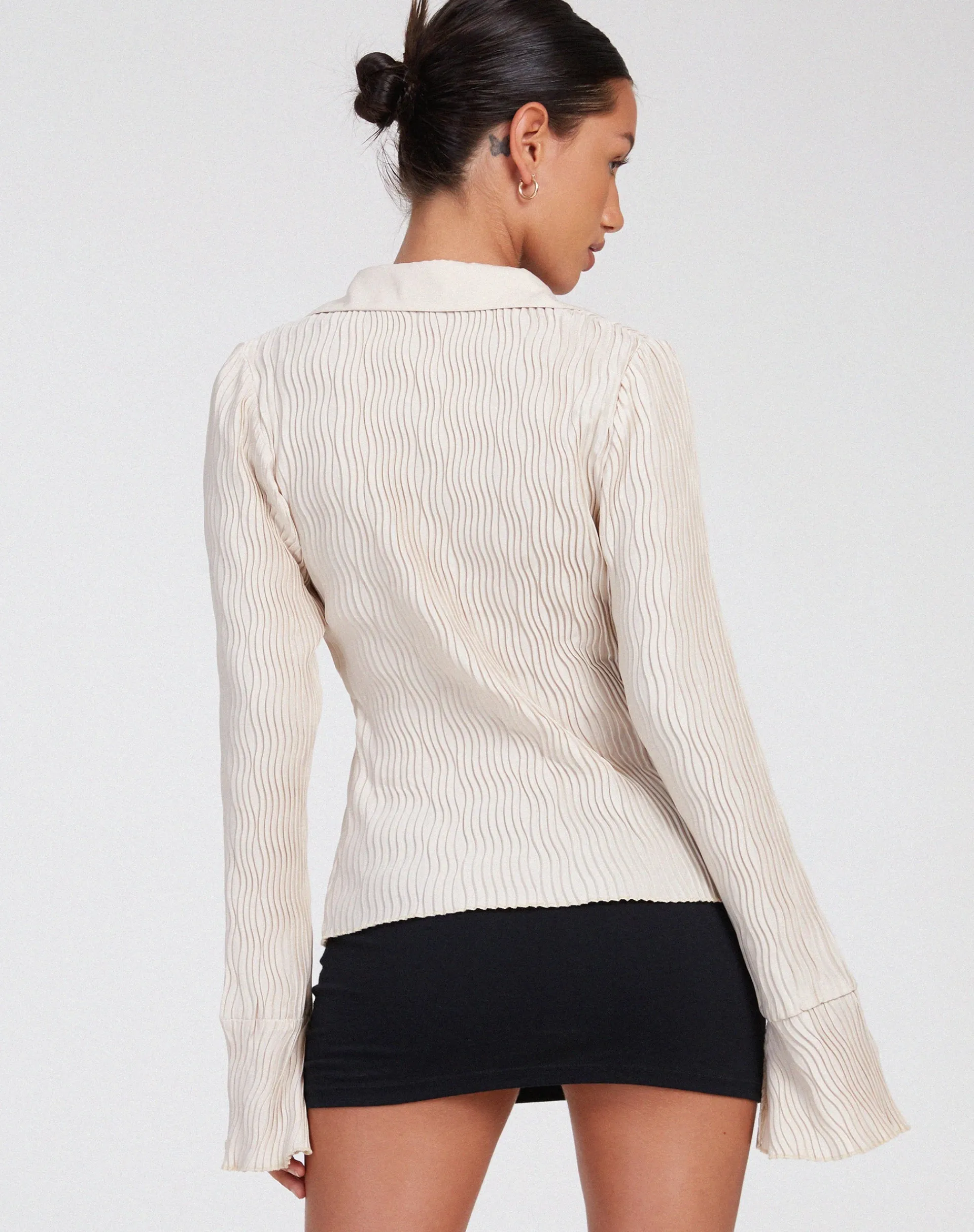 Motel Rocks Long Sleeve Tops-Keani Shirt in Crinkle Beige CrinkleBeige