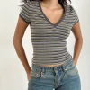 Motel Rocks Printed Tops | Tees-Keiko Top in Stripe Jersey Brown Army StripeJerseyBrownArmy