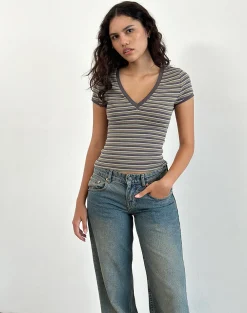 Motel Rocks Printed Tops | Tees-Keiko Top in Stripe Jersey Brown Army StripeJerseyBrownArmy