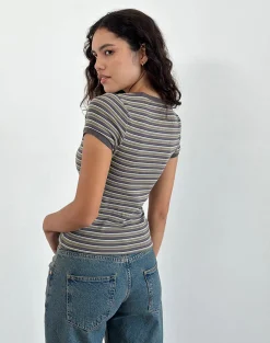 Motel Rocks Printed Tops | Tees-Keiko Top in Stripe Jersey Brown Army StripeJerseyBrownArmy