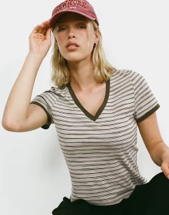 Motel Rocks Basic Tops | Printed Tops-Keiko Top in Stripe Jersey Tonal Brown StripeJerseyTonalBrown