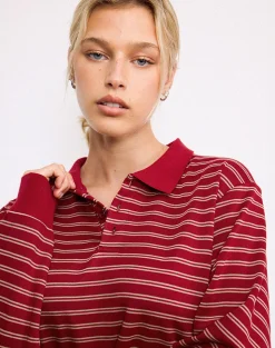 Motel Rocks Shirts And Blouses | Long Sleeve Tops-Kemillau Baggy Shirt in Burgundy with White Stripes BurgundywithWhiteStripes