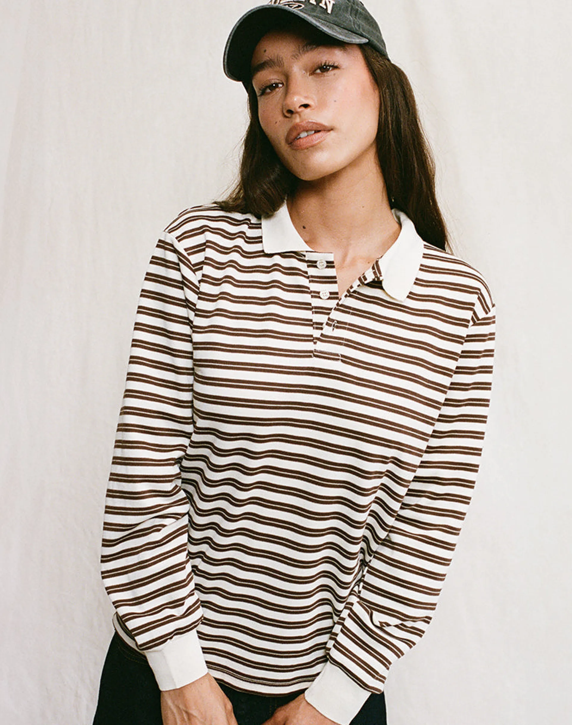 Motel Rocks Shirts And Blouses-Kemillau Baggy Shirt in Brown with White Stripes BrownwithWhiteStripes