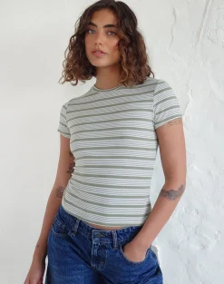 Motel Rocks Basic Tops | Printed Tops-Kenichi Top in Stripe Sage Green Jersey StripeSageGreenJersey