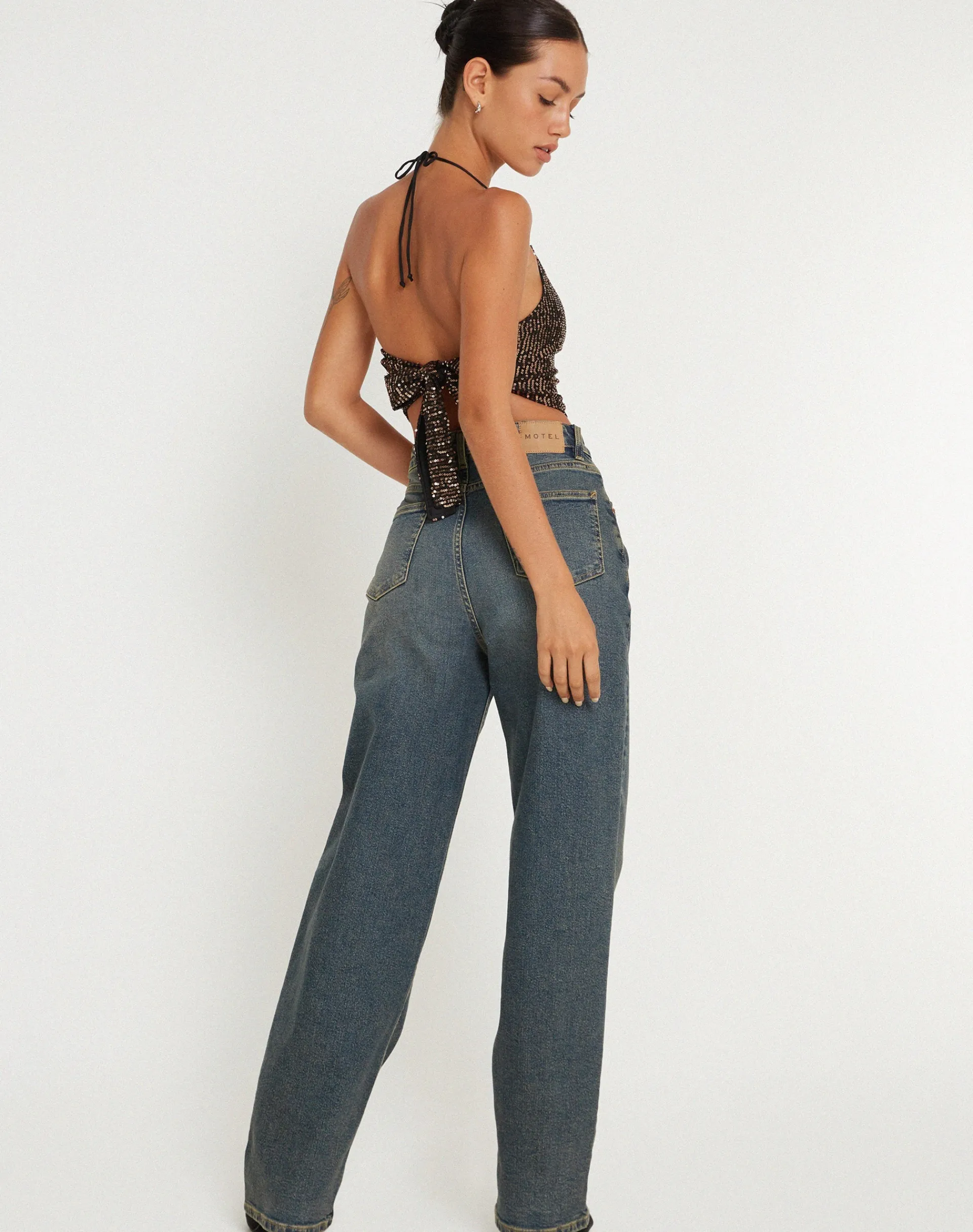 Motel Rocks Going Out Tops-Ketida Crop Top in Drape Sequin Copper DrapeSequinCopper