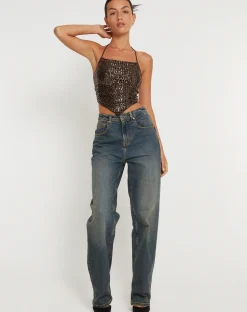 Motel Rocks Going Out Tops-Ketida Crop Top in Drape Sequin Copper DrapeSequinCopper