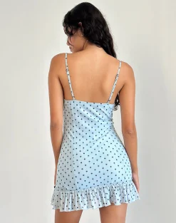 Motel Rocks Printed Dresses | Mini Dresses-Khalil Mini Dress in Blue Black Basic Polka
