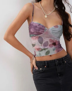 Motel Rocks Strappy Tops-Kikan Cropped Mesh Cami in Abstract Scrapbook