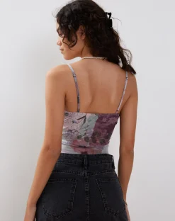 Motel Rocks Strappy Tops-Kikan Cropped Mesh Cami in Abstract Scrapbook