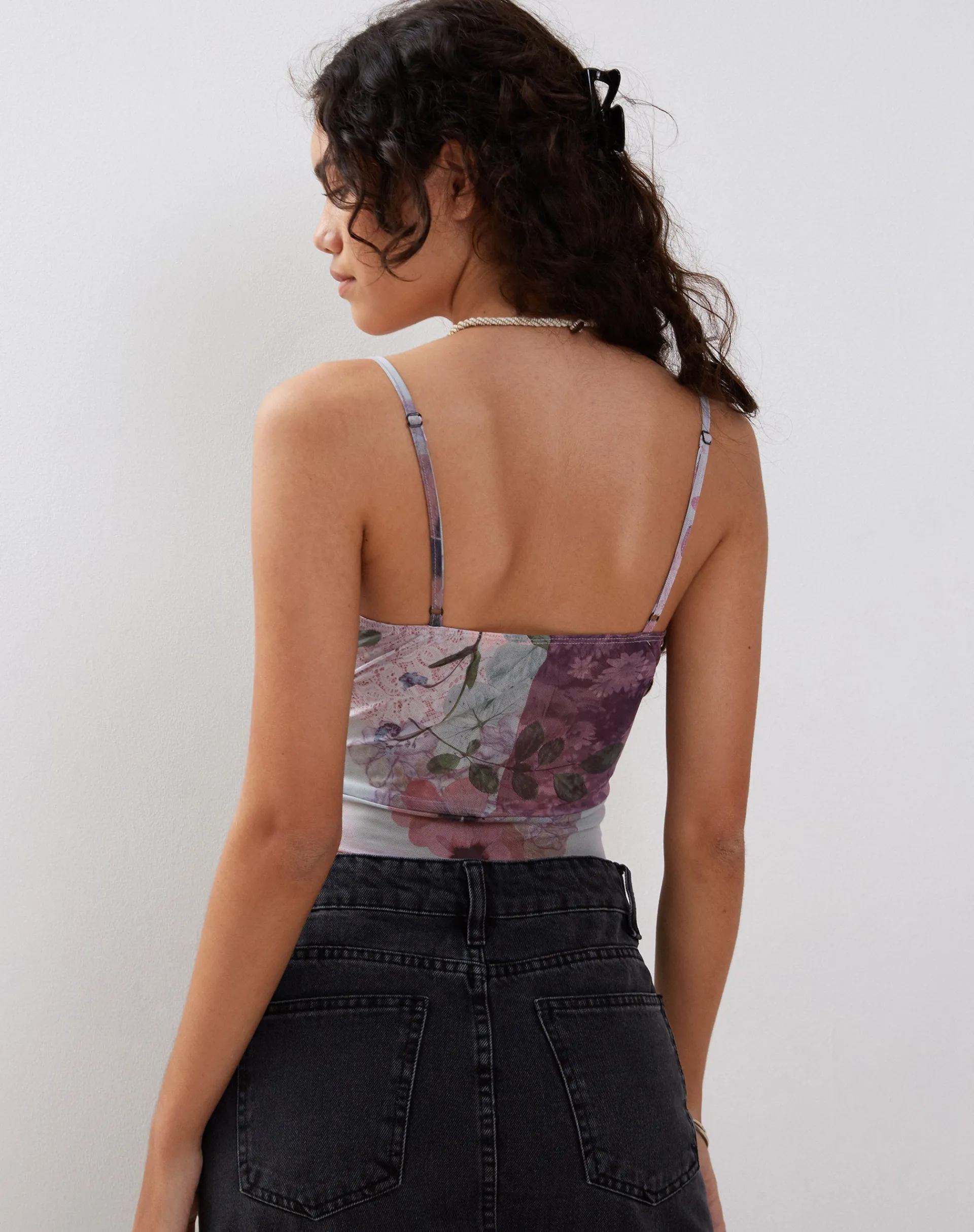 Motel Rocks Strappy Tops-Kikan Cropped Mesh Cami in Abstract Scrapbook