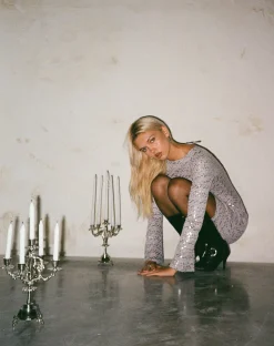 Motel Rocks Bodycon Dresses | Long Sleeve Dresses-Kimberly Open Back Mini Dress in Silver Sequin SilverSequin